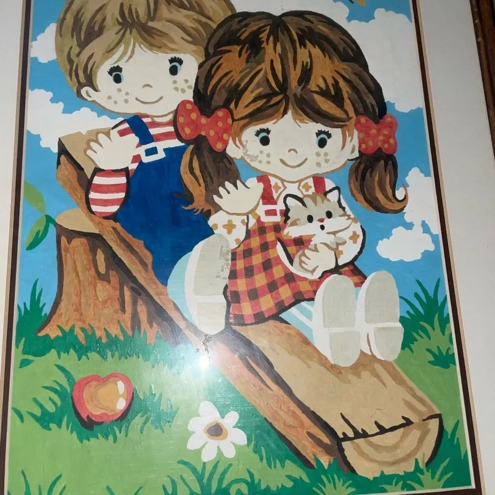 Vintage complete large paint by number girl & boy matted framed 14.5